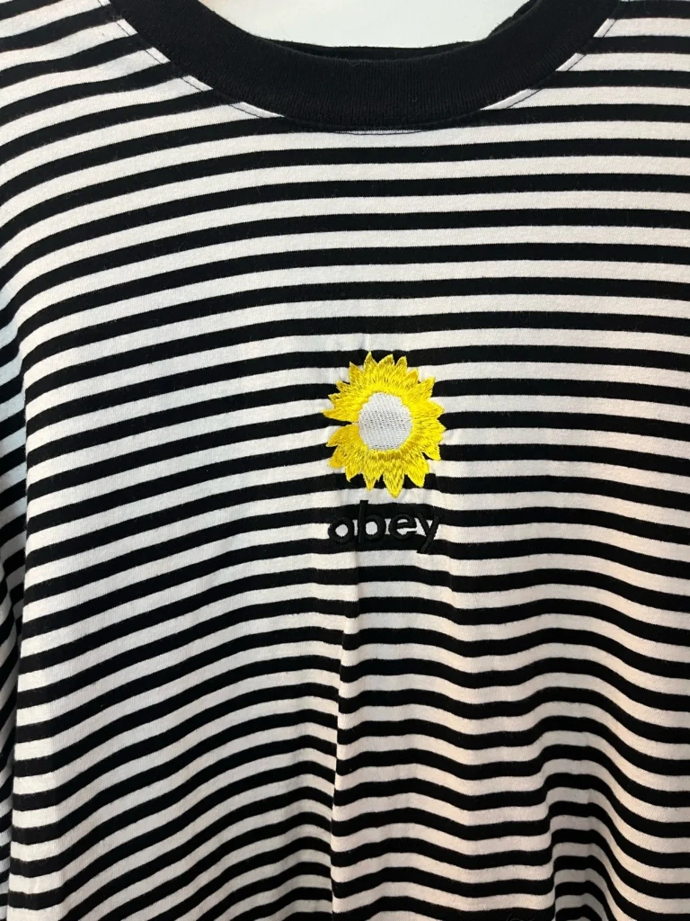 OBEY XL Black & White Striped Short-Sleeve Tee with Yellow Sun Motif PTP 25-28 - Picture 5 of 8